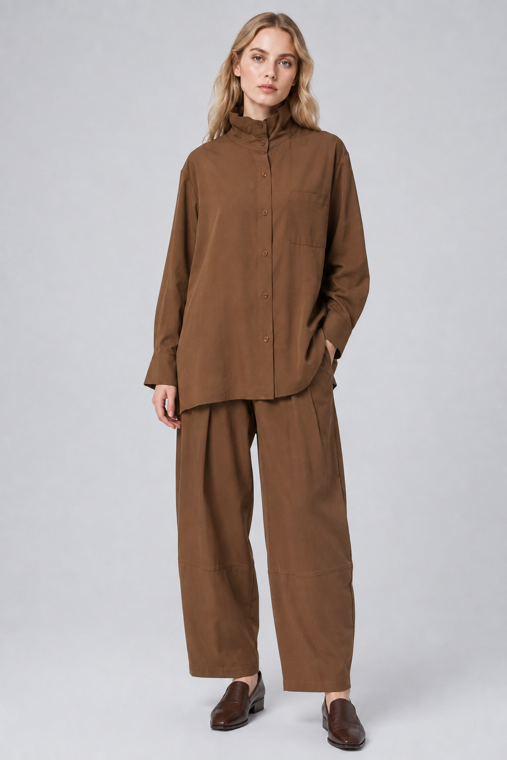 Abbra kadın beli lastikli gömlek pantolon takım - bronz