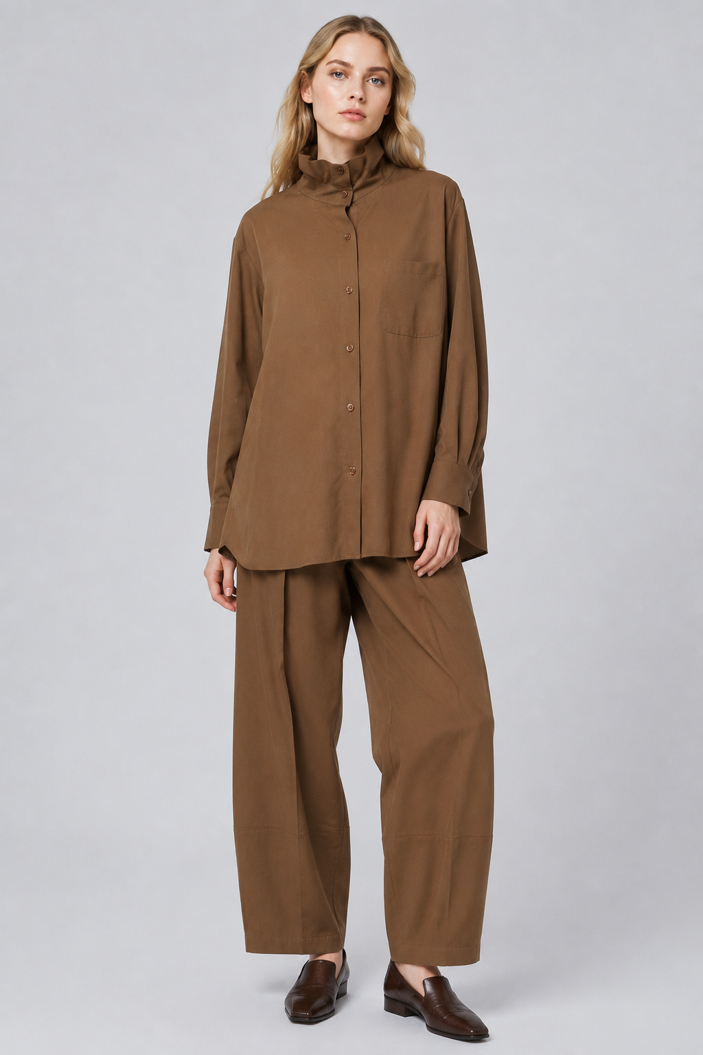 Abbra kadın beli lastikli gömlek pantolon takım bronz - 2. görsel