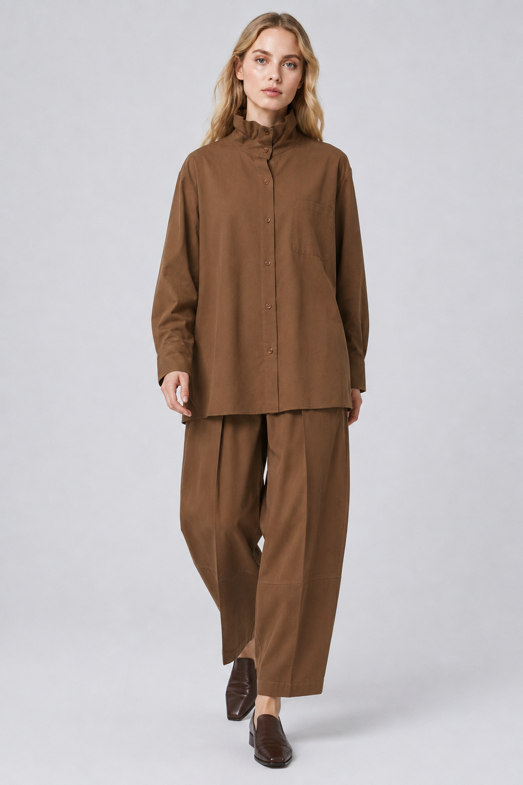 Abbra kadın beli lastikli gömlek pantolon takım bronz - 3. görsel
