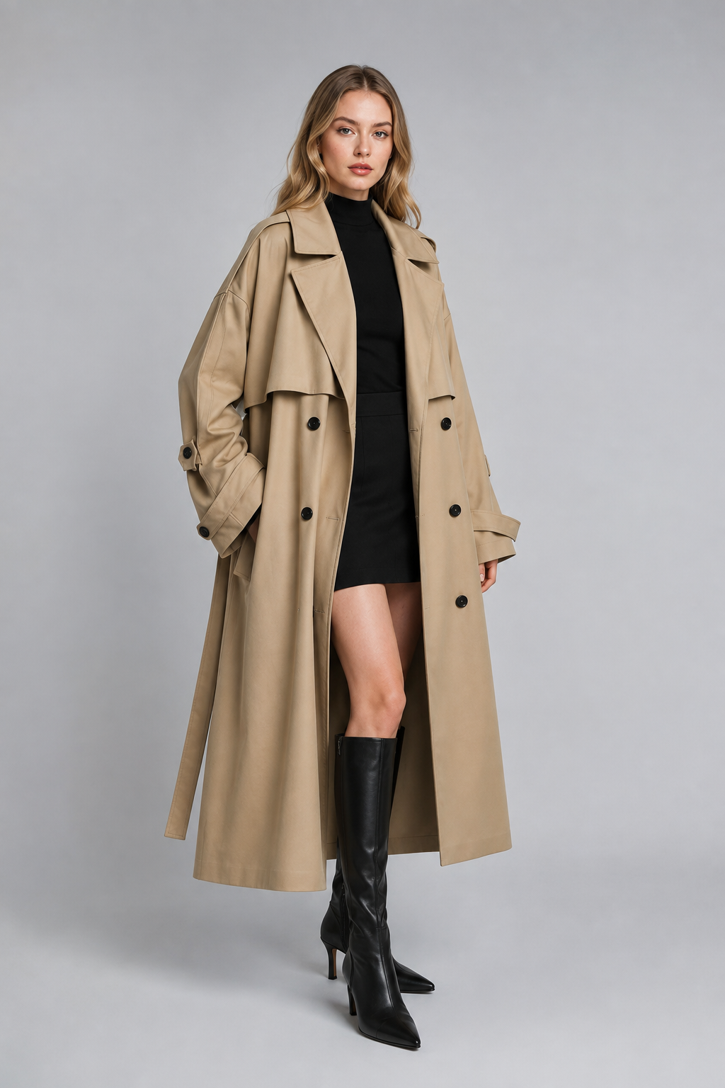 Abbra kadın oversize astarlı trençkot - camel