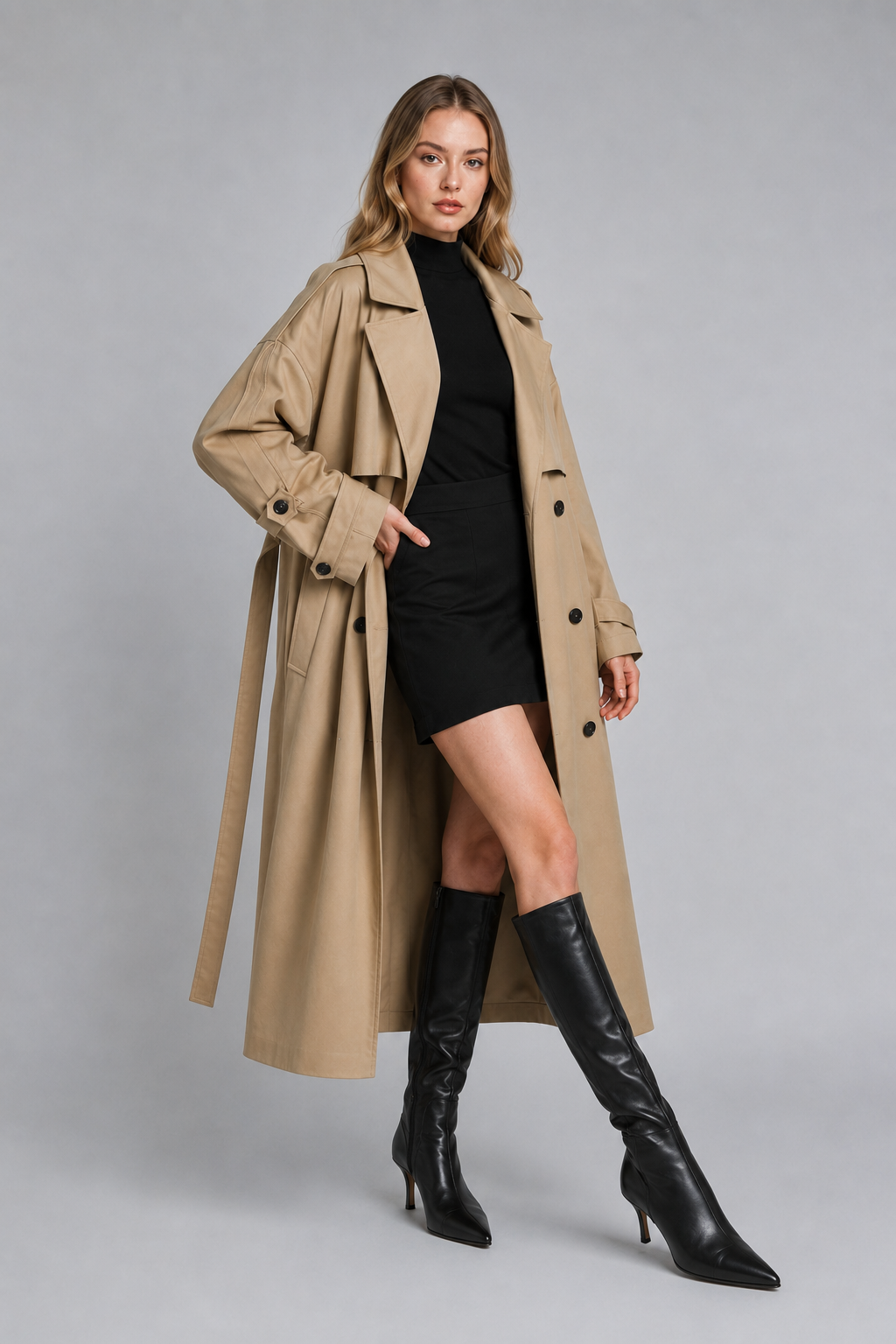 Abbra kadın oversize astarlı trençkot camel - 2. görsel