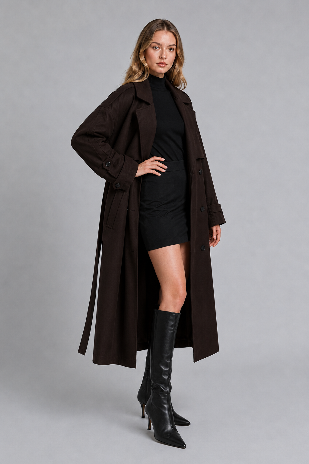 Abbra kadın oversize astarlı trençkot - kahve