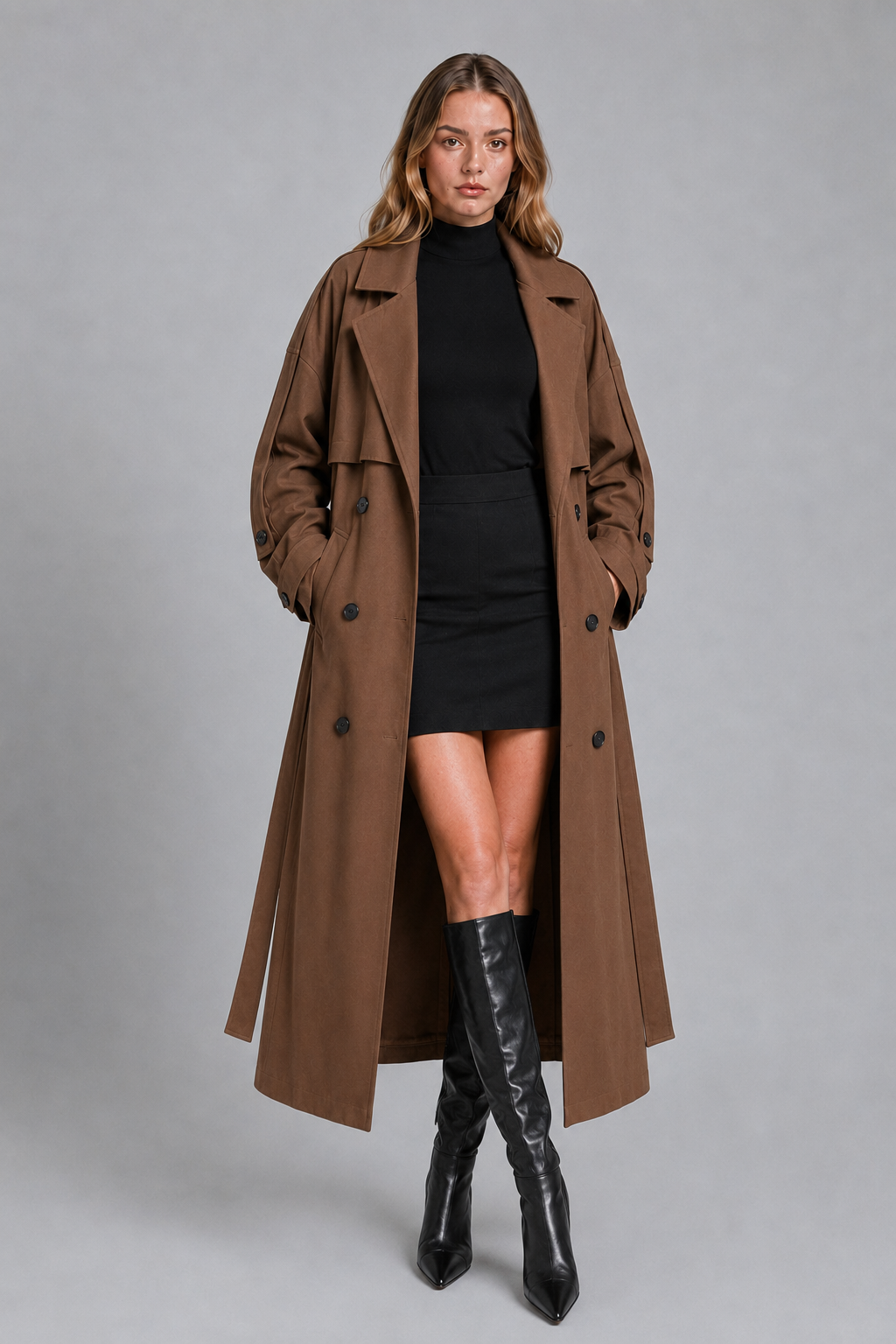 Abbra kadın oversize astarlı trençkot - moka