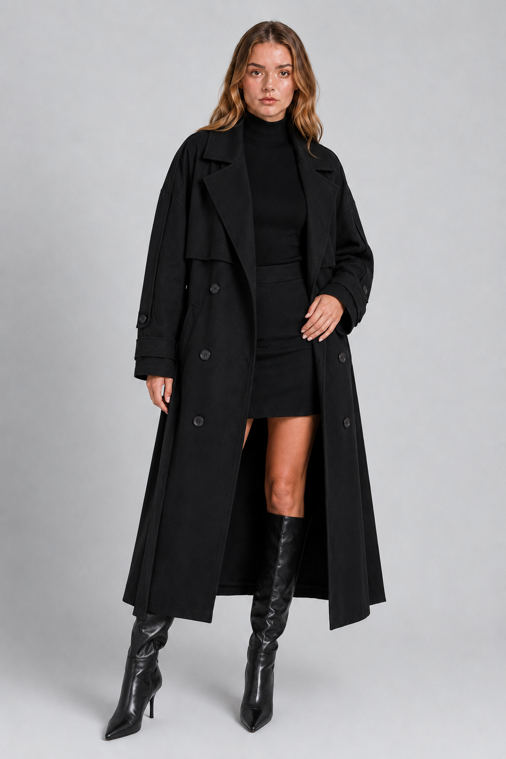 Abbra kadın oversize astarlı trençkot - siyah