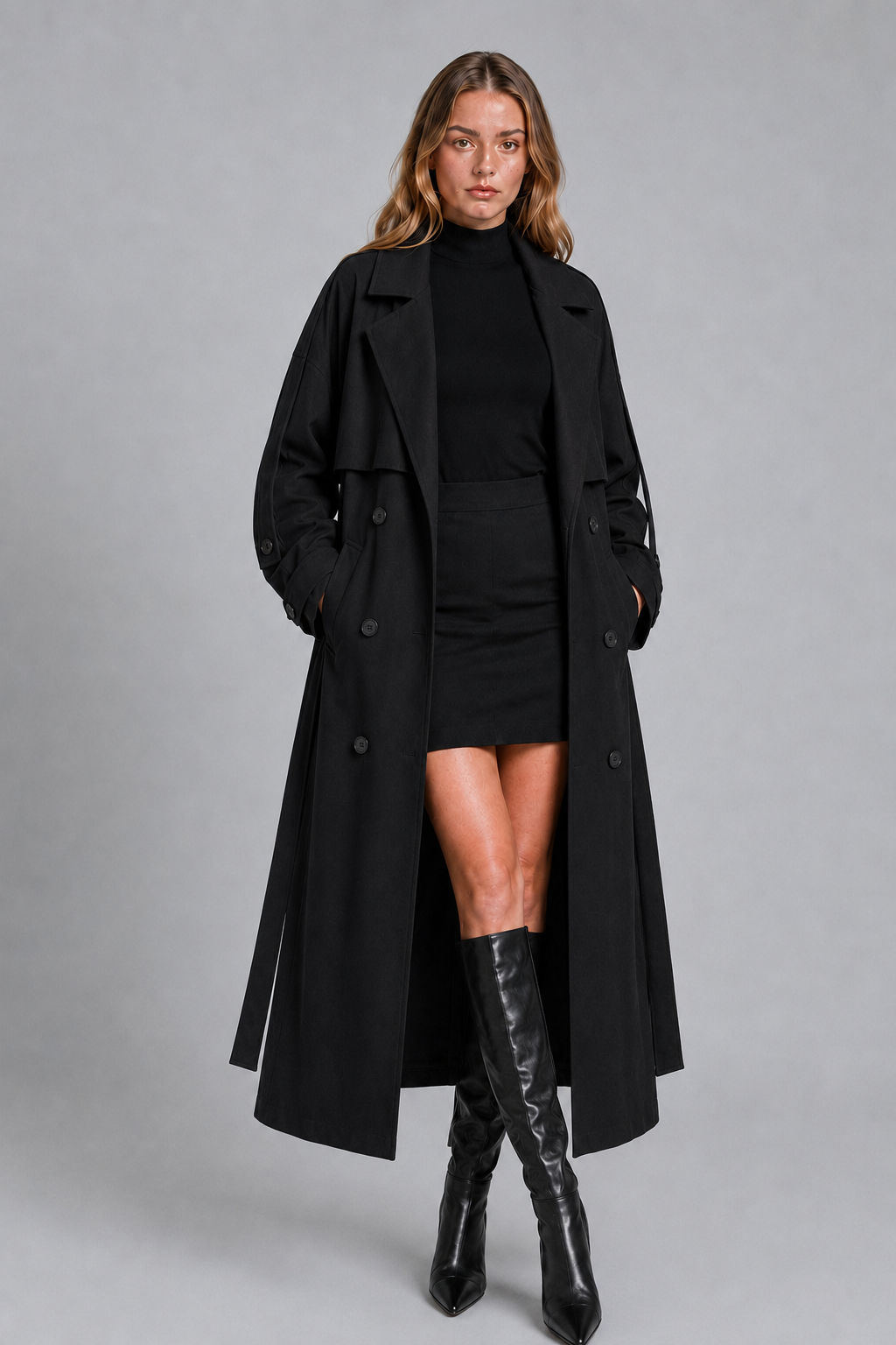 Abbra kadın oversize astarlı trençkot siyah - 2. görsel