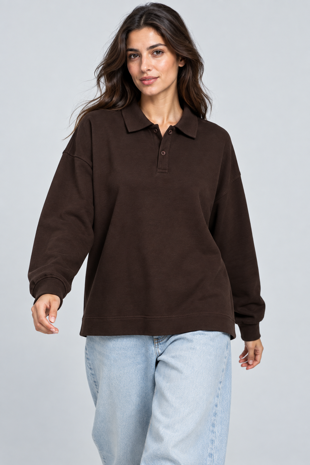Abbra kadın polo yaka sweatshirt - kahve