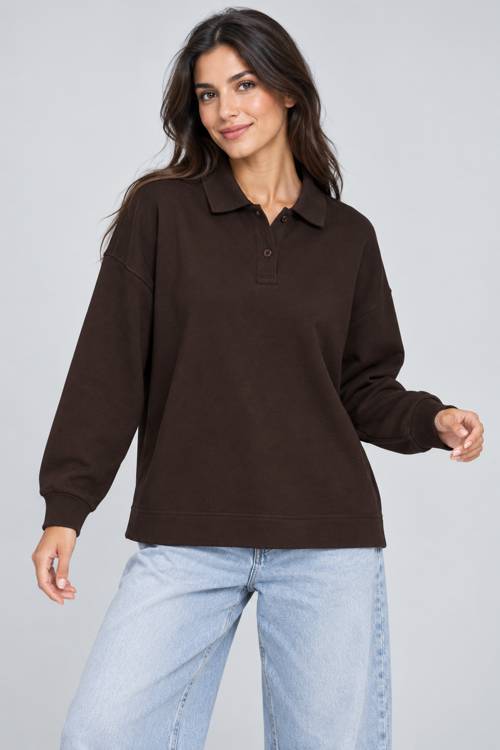 Abbra kadın polo yaka sweatshirt kahve - 2. görsel