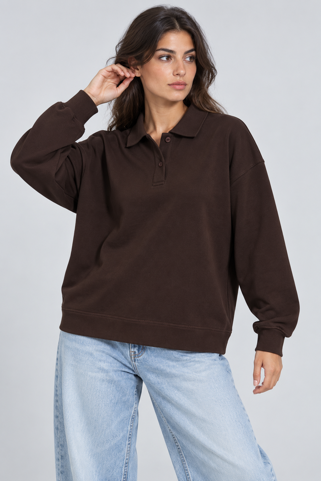 Abbra kadın polo yaka sweatshirt kahve - 3. görsel