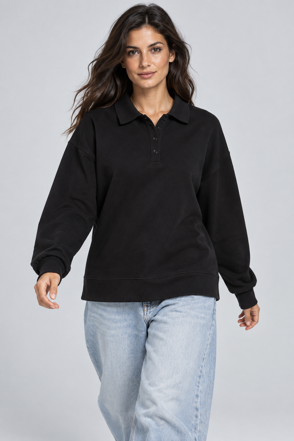 Abbra kadın polo yaka sweatshirt siyah - 3. görsel
