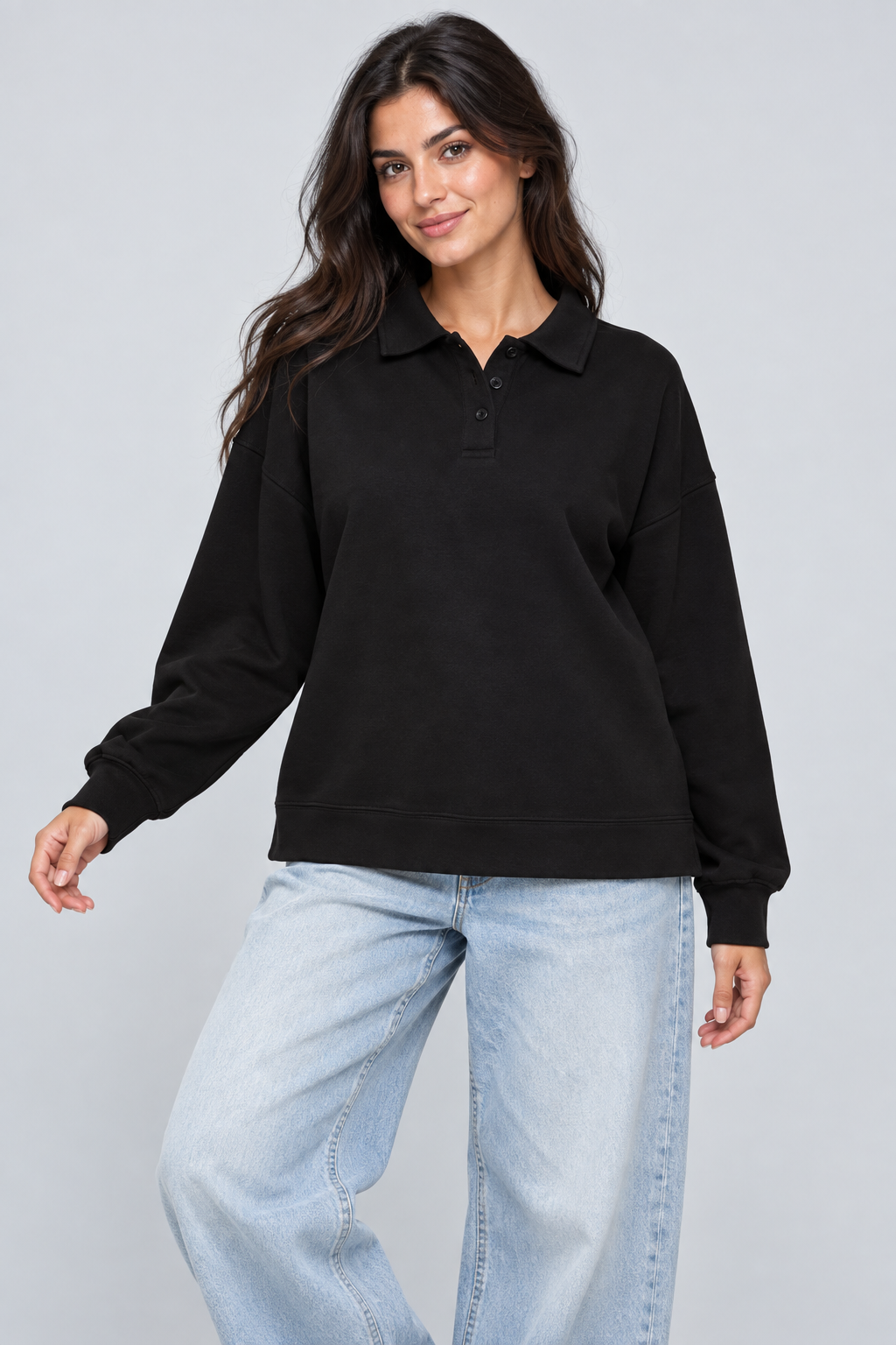 Abbra kadın polo yaka sweatshirt - siyah