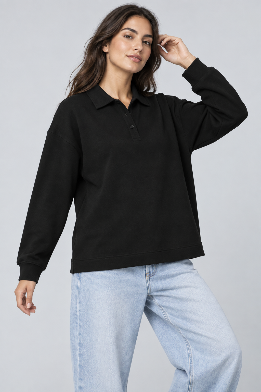 Abbra kadın polo yaka sweatshirt siyah - 2. görsel