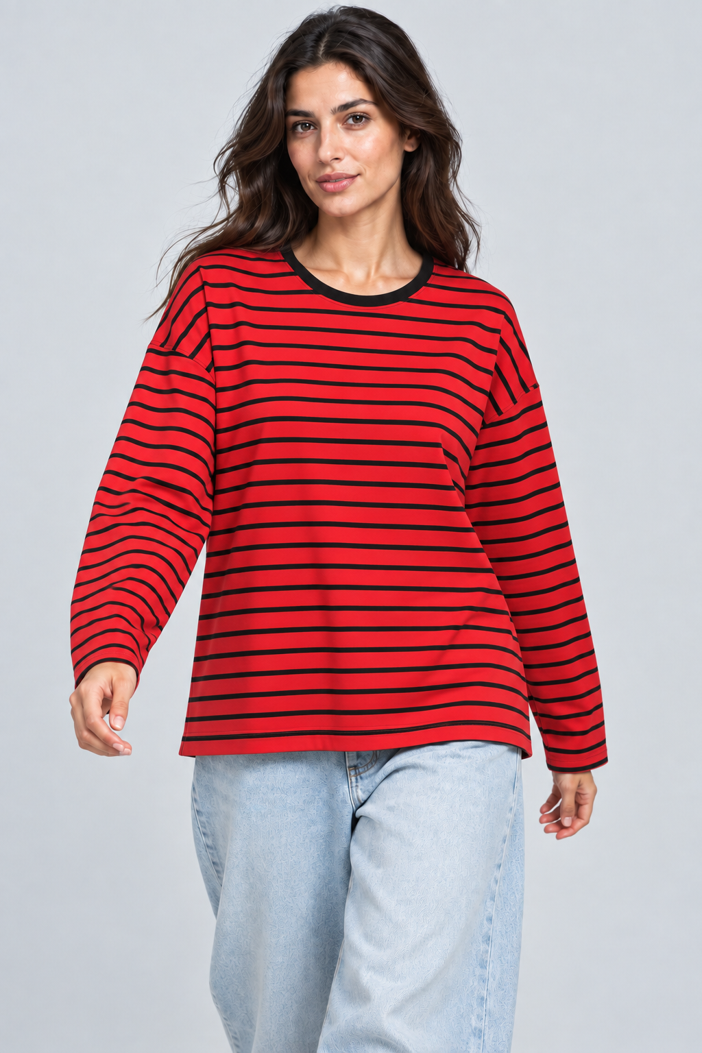 Abbra kadın çizgili uzun kol salaş t-shirt kırmızı siyah - 3. görsel