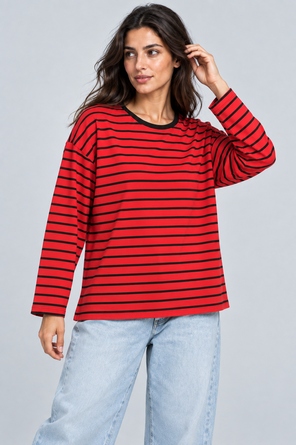 Abbra kadın çizgili uzun kol salaş t-shirt kırmızı siyah - 2. görsel