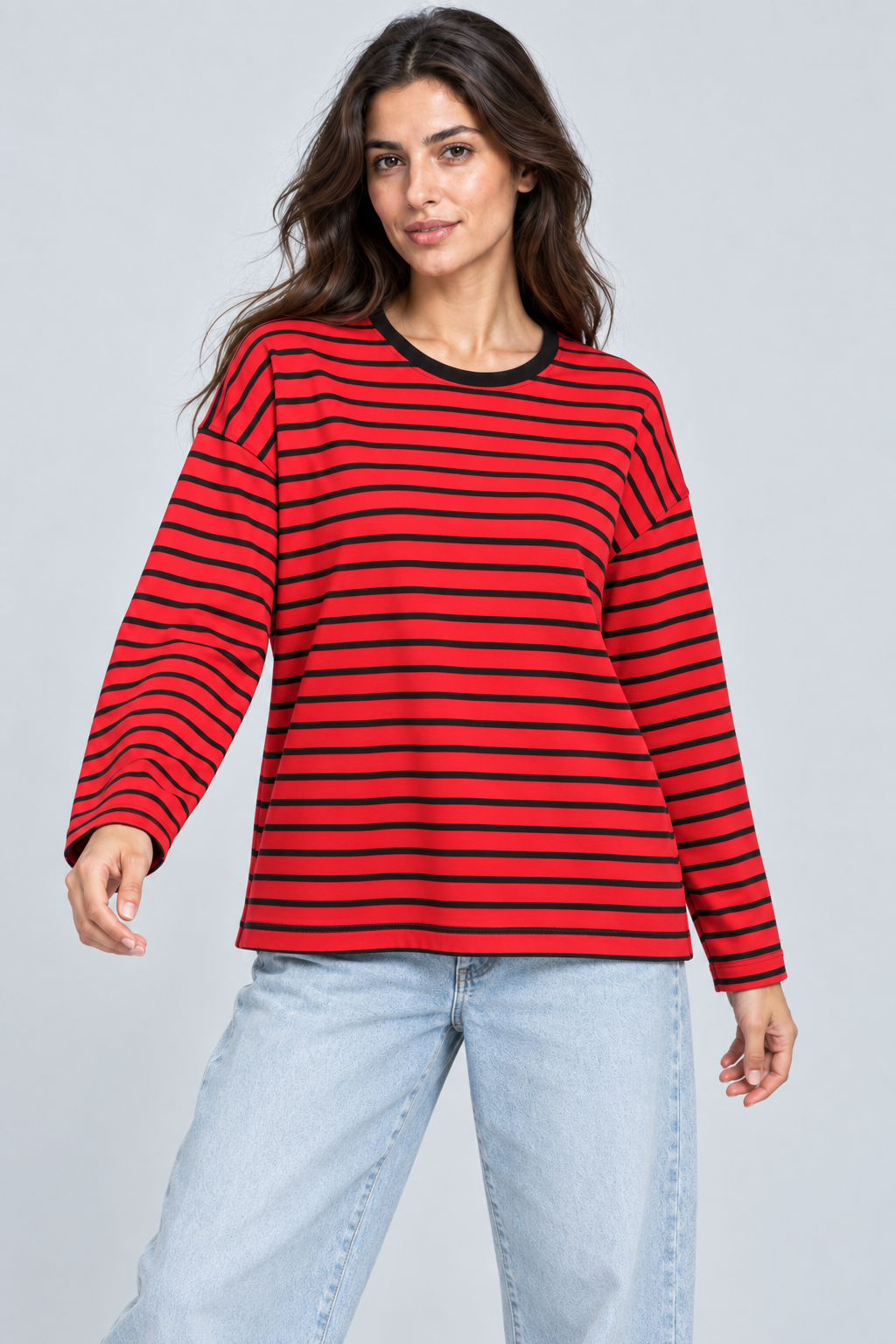 Abbra kadın çizgili uzun kol salaş t-shirt - kırmızı siyah