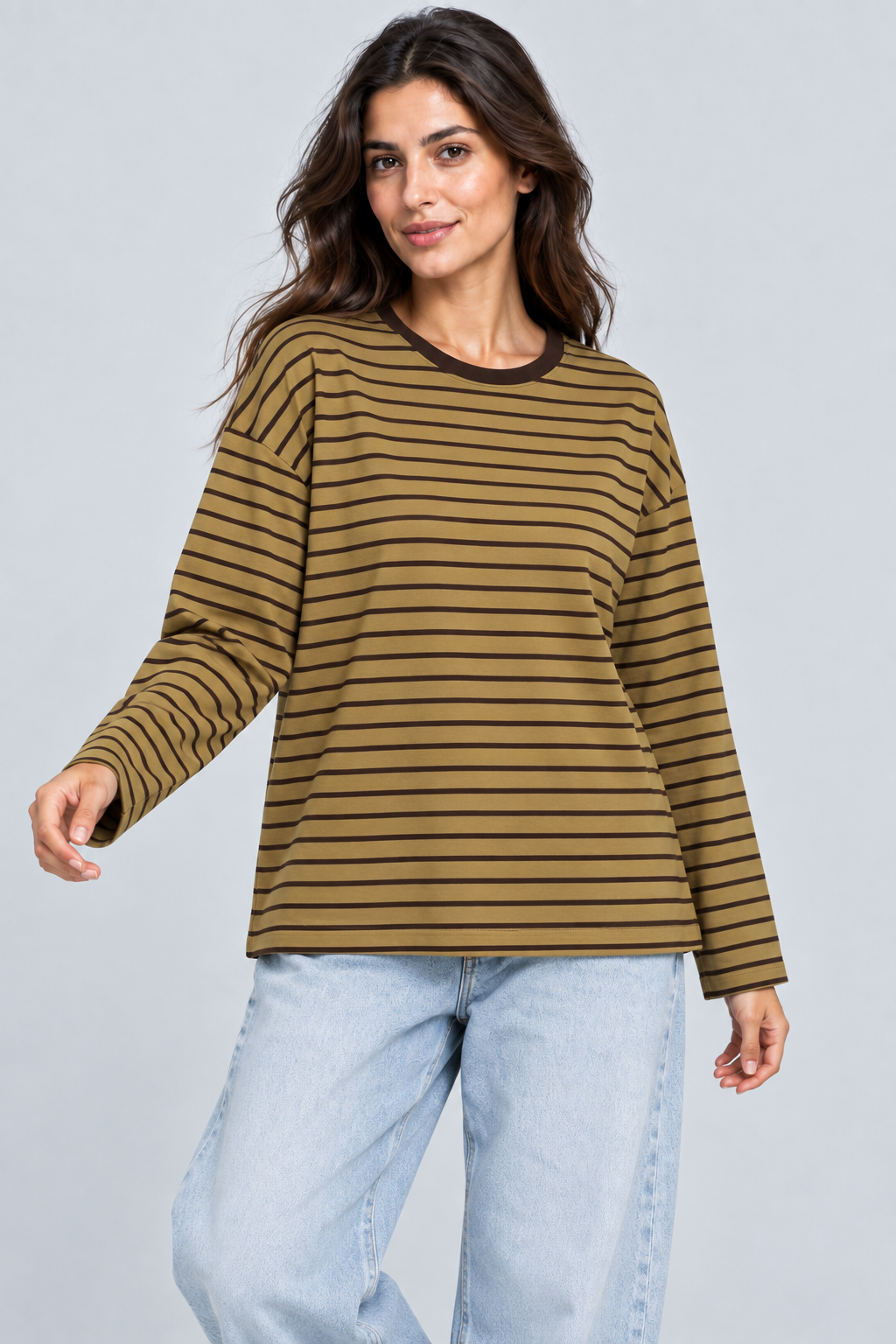 Abbra kadın çizgili uzun kol salaş t-shirt kahve haki - 3. görsel