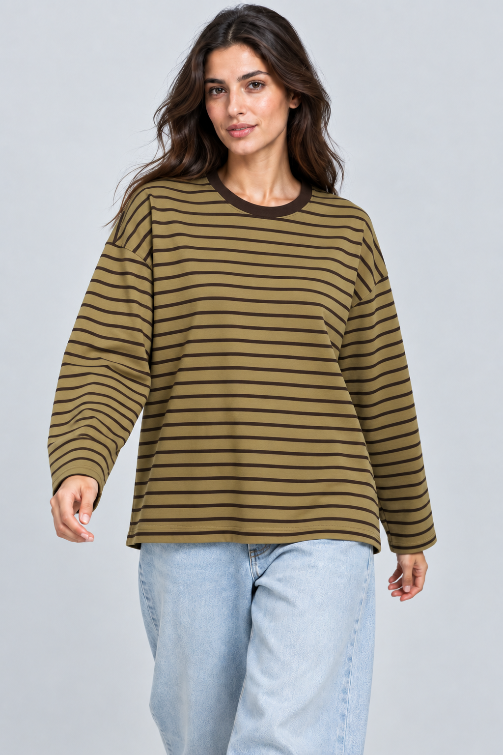 Abbra kadın çizgili uzun kol salaş t-shirt - kahve haki