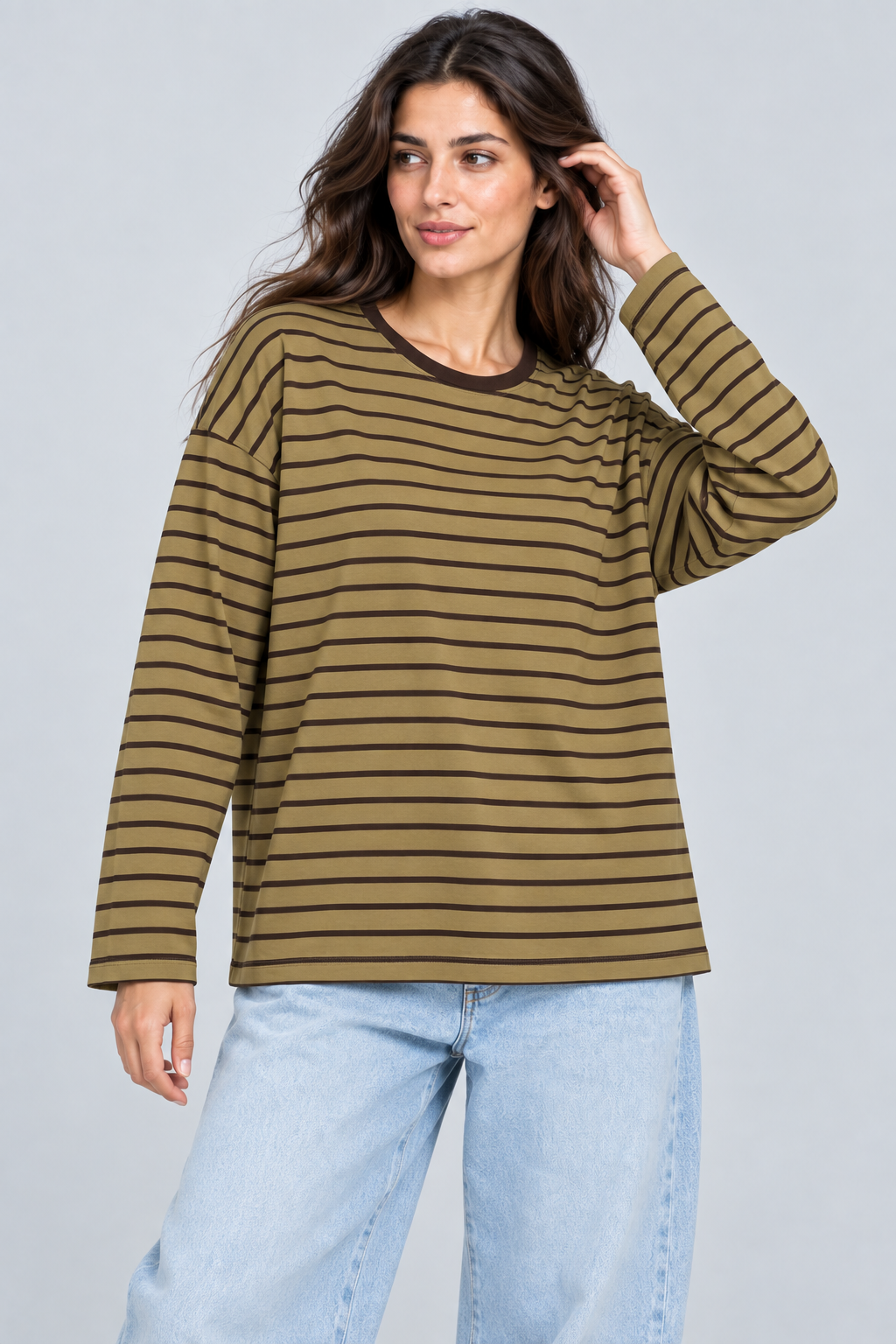 Abbra kadın çizgili uzun kol salaş t-shirt kahve haki - 2. görsel