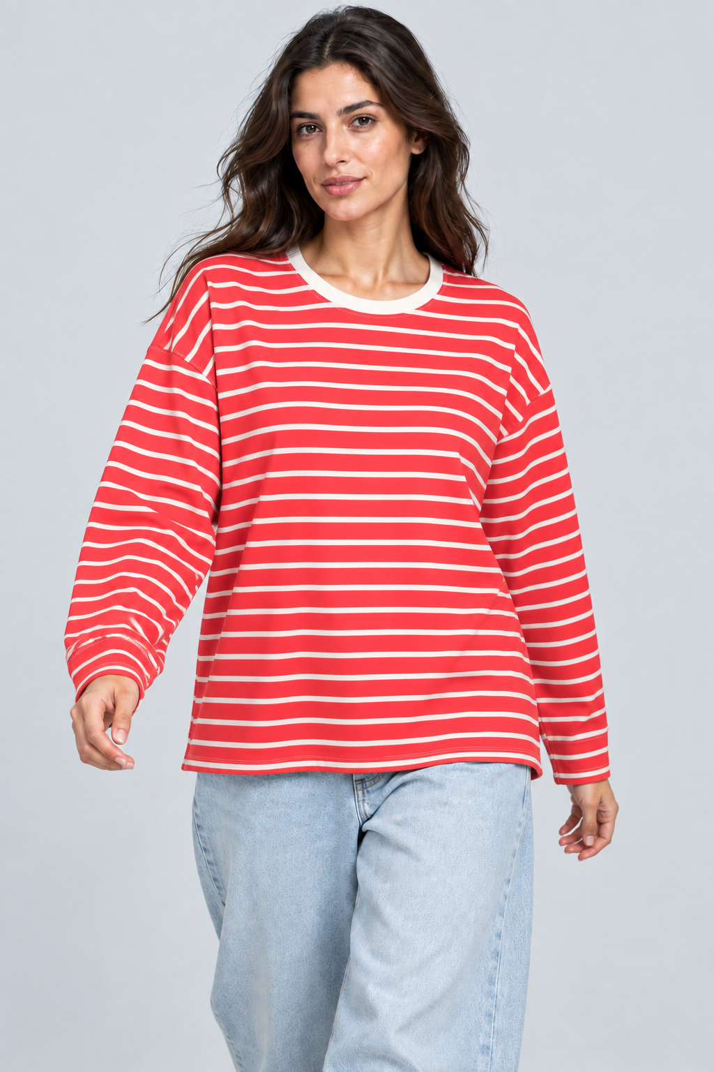 Abbra kadın çizgili uzun kol salaş t-shirt kırmızı ekru - 3. görsel