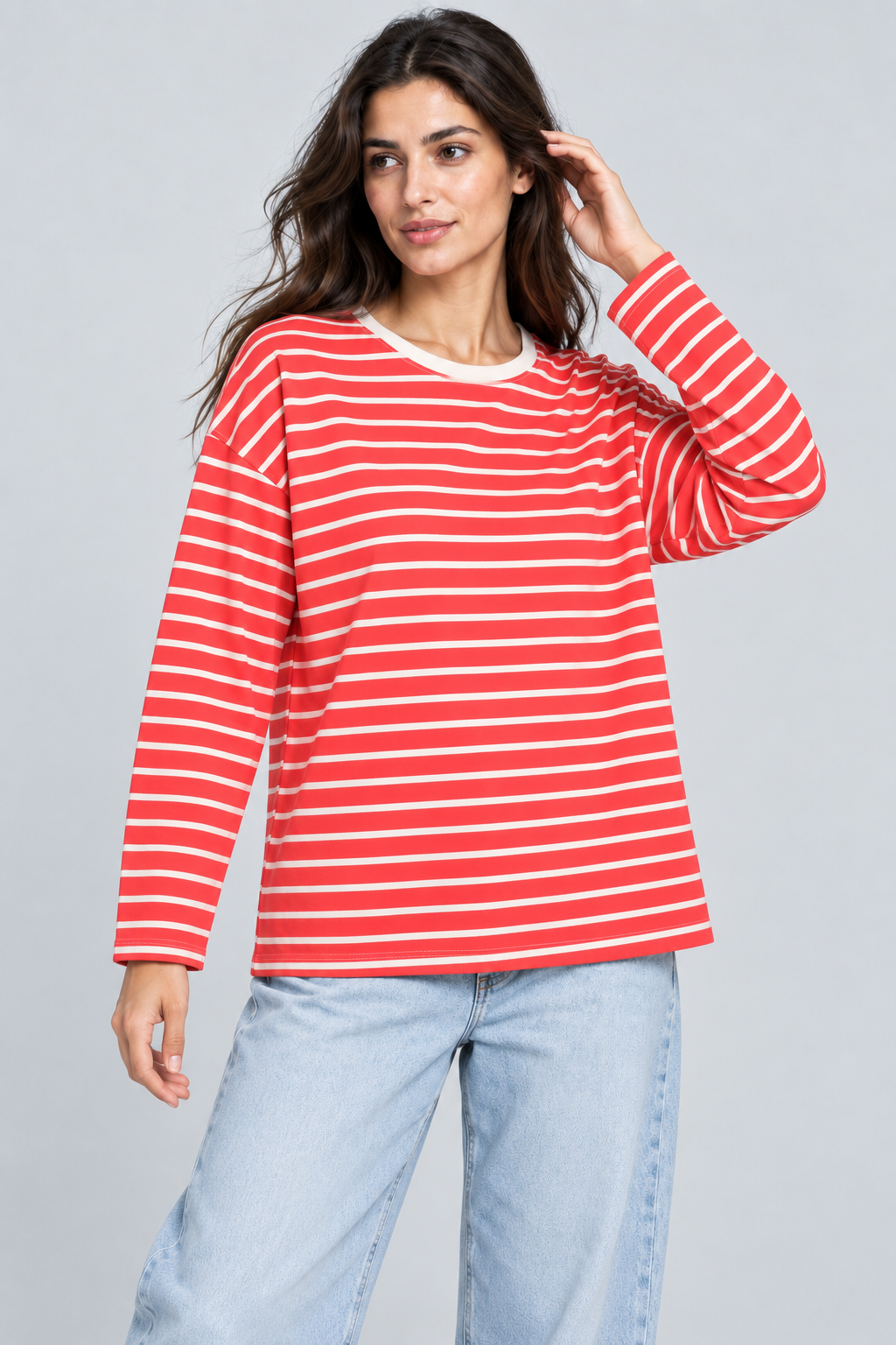 Abbra kadın çizgili uzun kol salaş t-shirt - kırmızı ekru