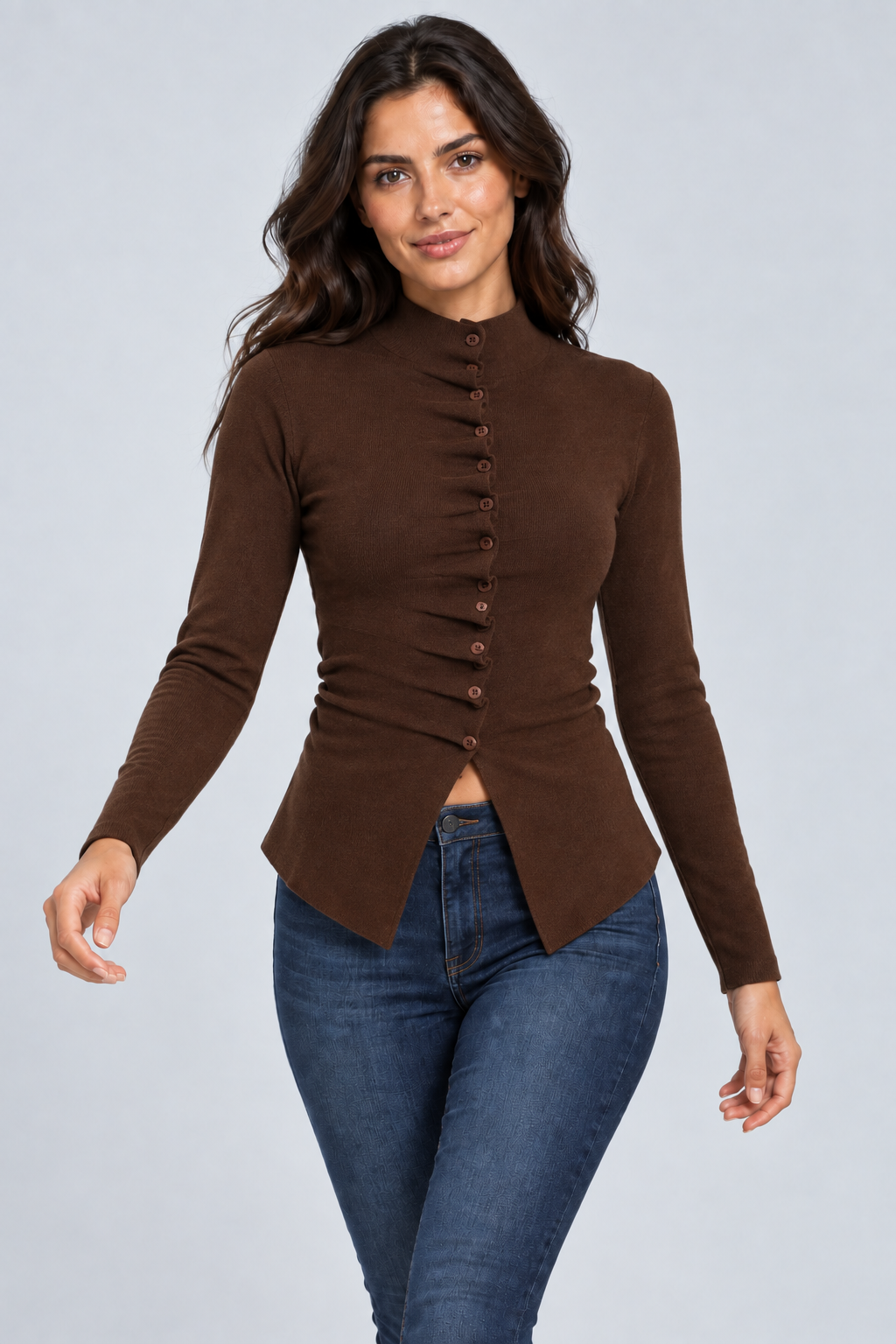 Abbra kadın kendinden büzgülü hırka - kahve