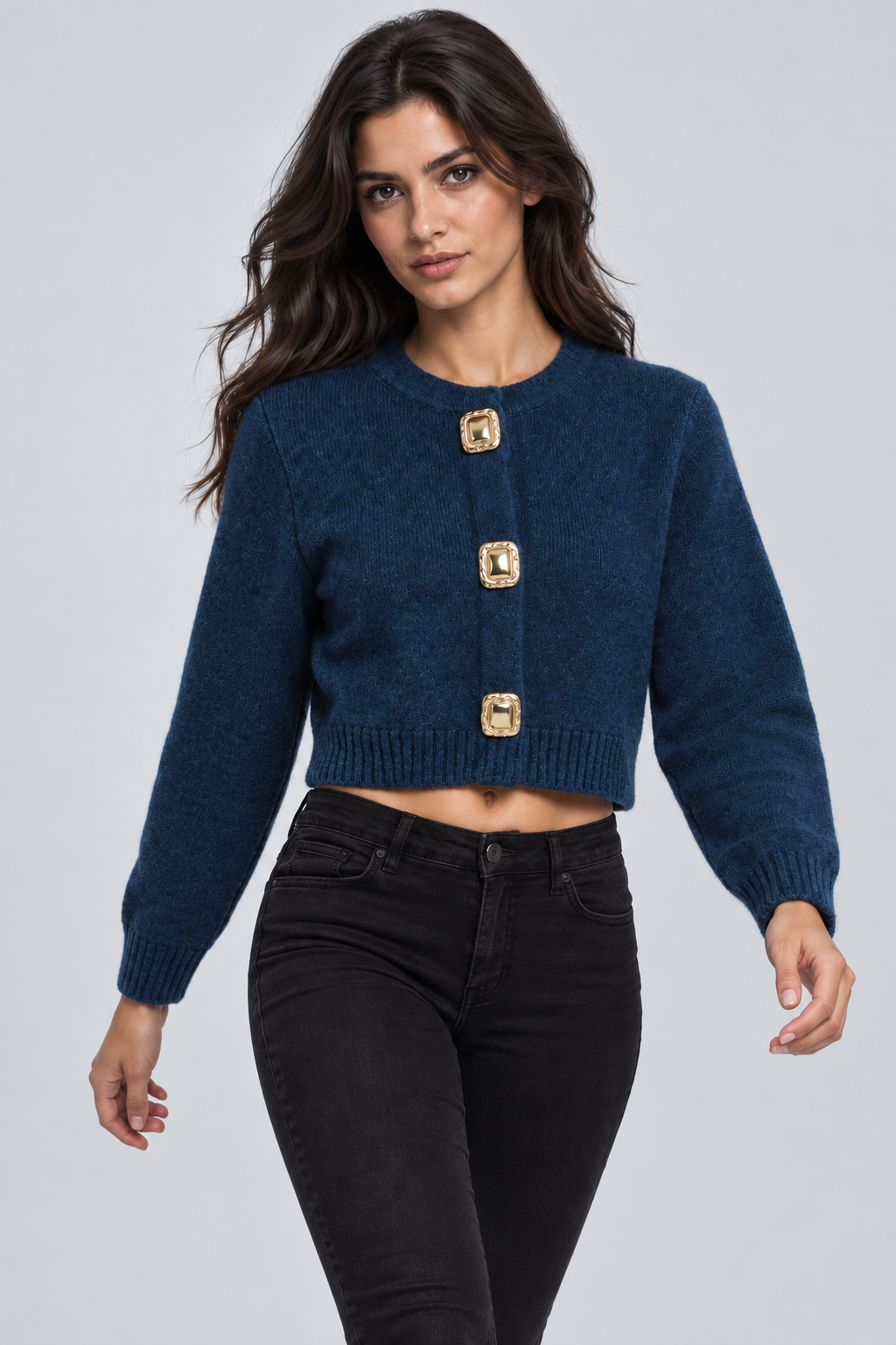 Abbra kadın düğmeli kısa triko hırka - petrol