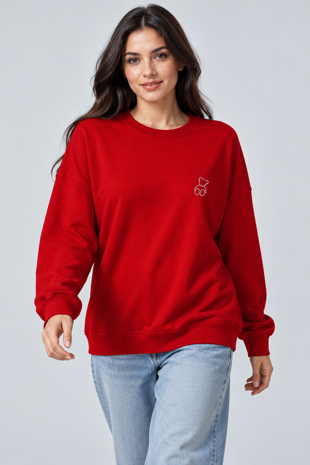 Abbra kadın %100 pamuk salaş sweatshirt kırmızı - 3. görsel