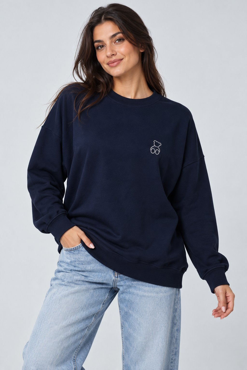 Abbra kadın %100 pamuk salaş sweatshirt lacivert - 3. görsel