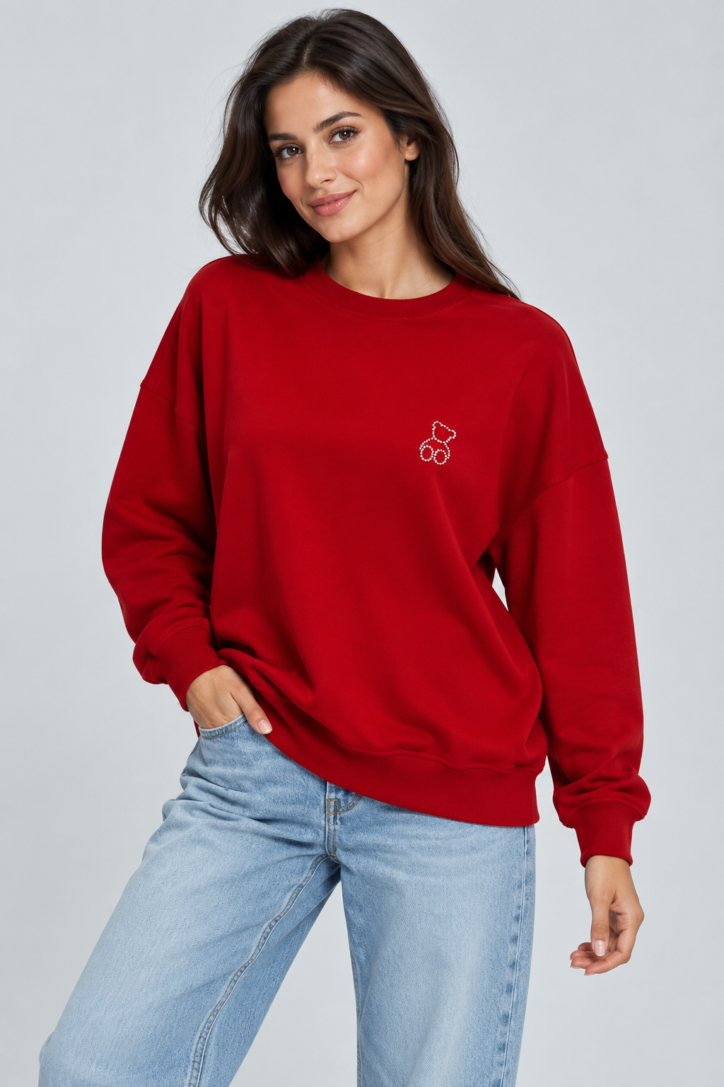 Abbra kadın %100 pamuk salaş sweatshirt - kırmızı
