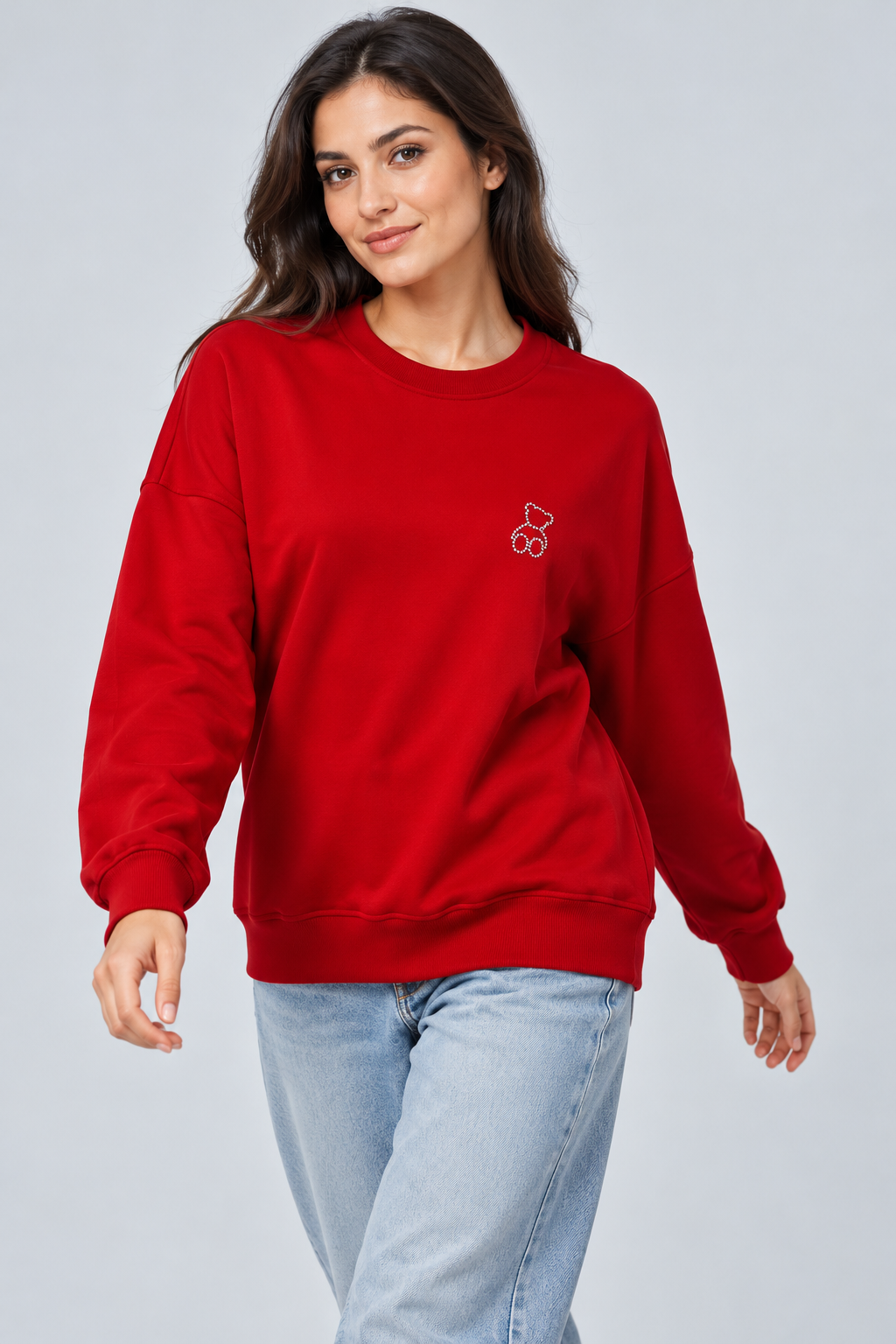 Abbra kadın %100 pamuk salaş sweatshirt kırmızı - 2. görsel