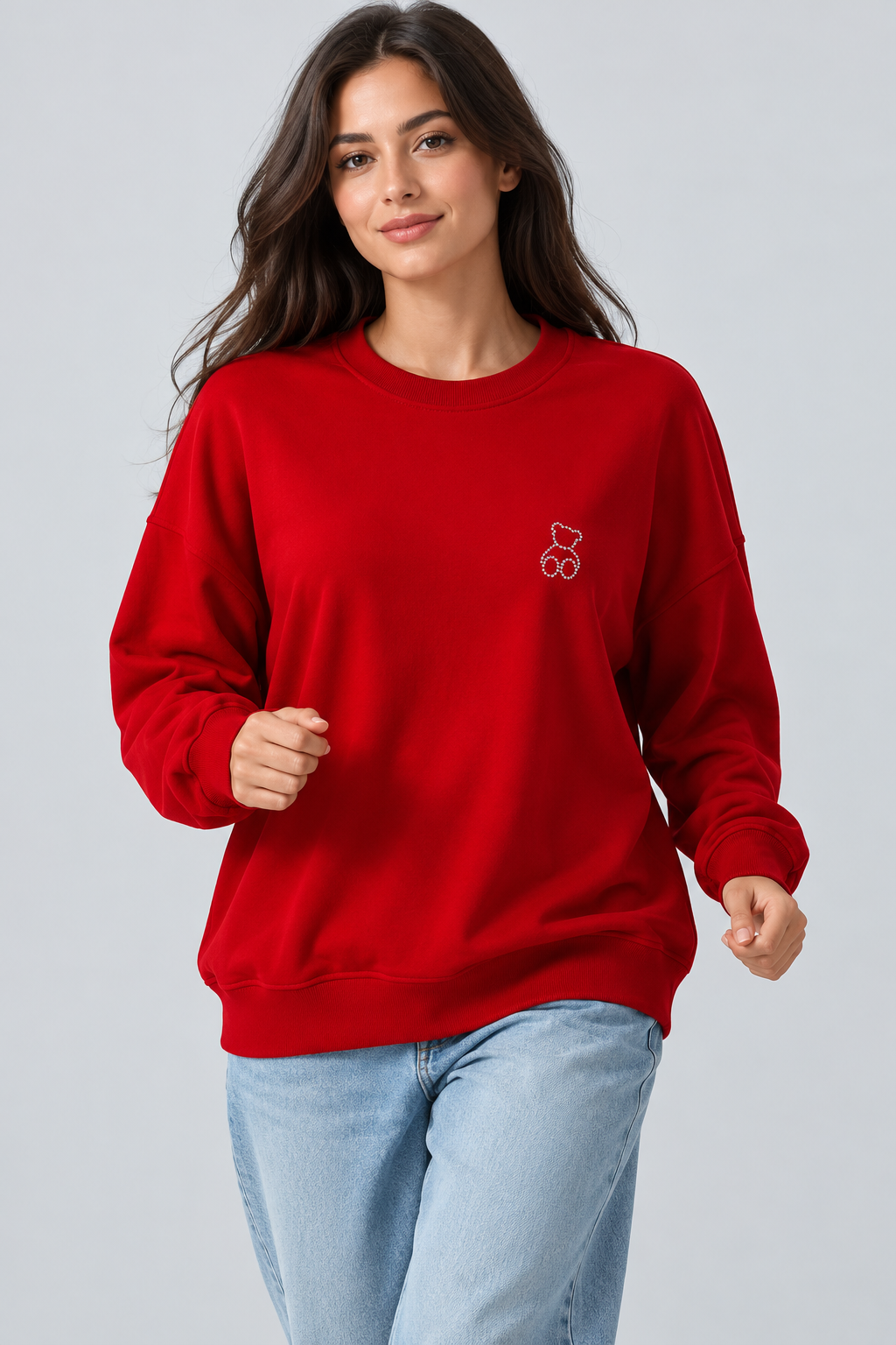 Abbra kadın %100 pamuk salaş sweatshirt kırmızı - 4. görsel