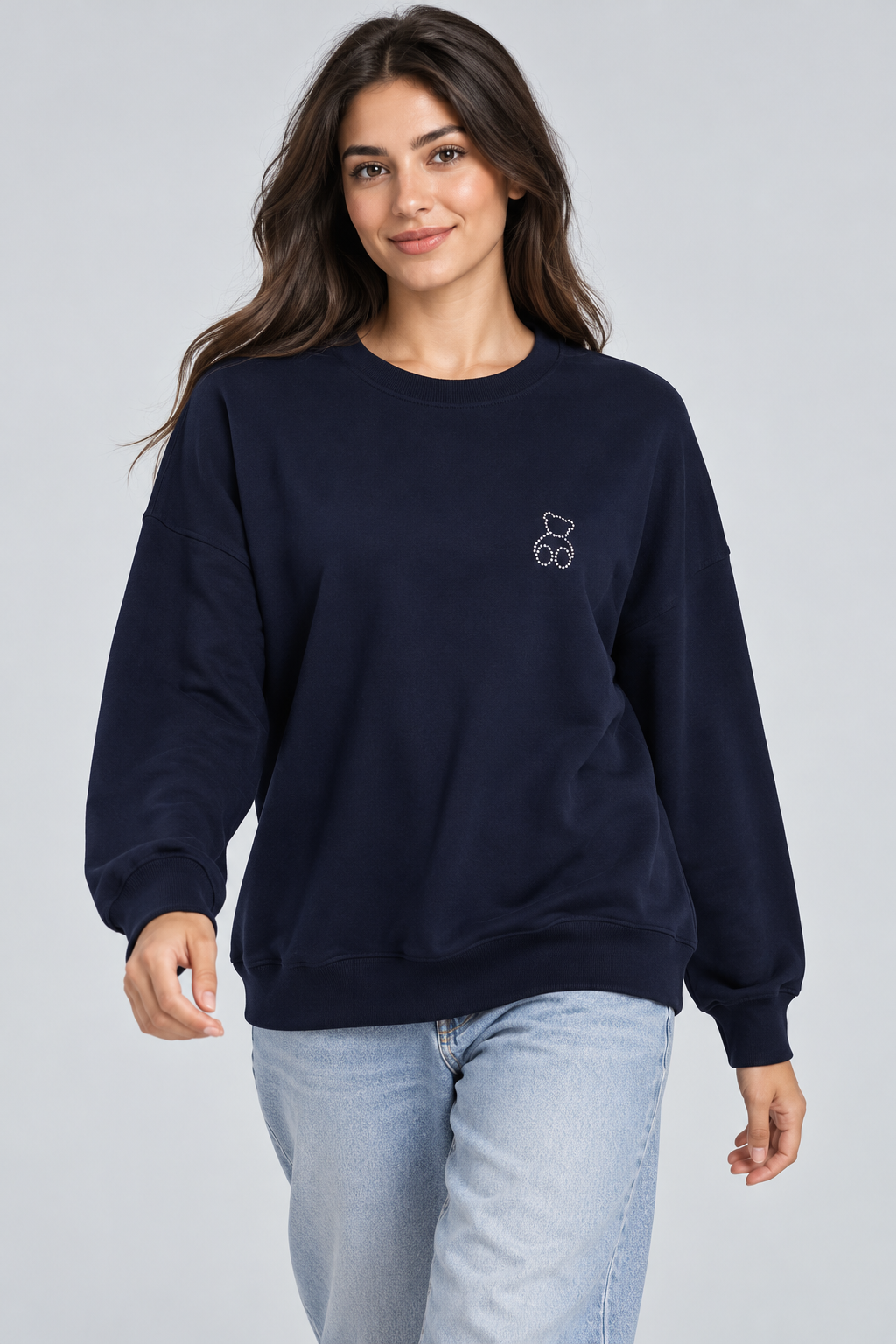 Abbra kadın %100 pamuk salaş sweatshirt - lacivert