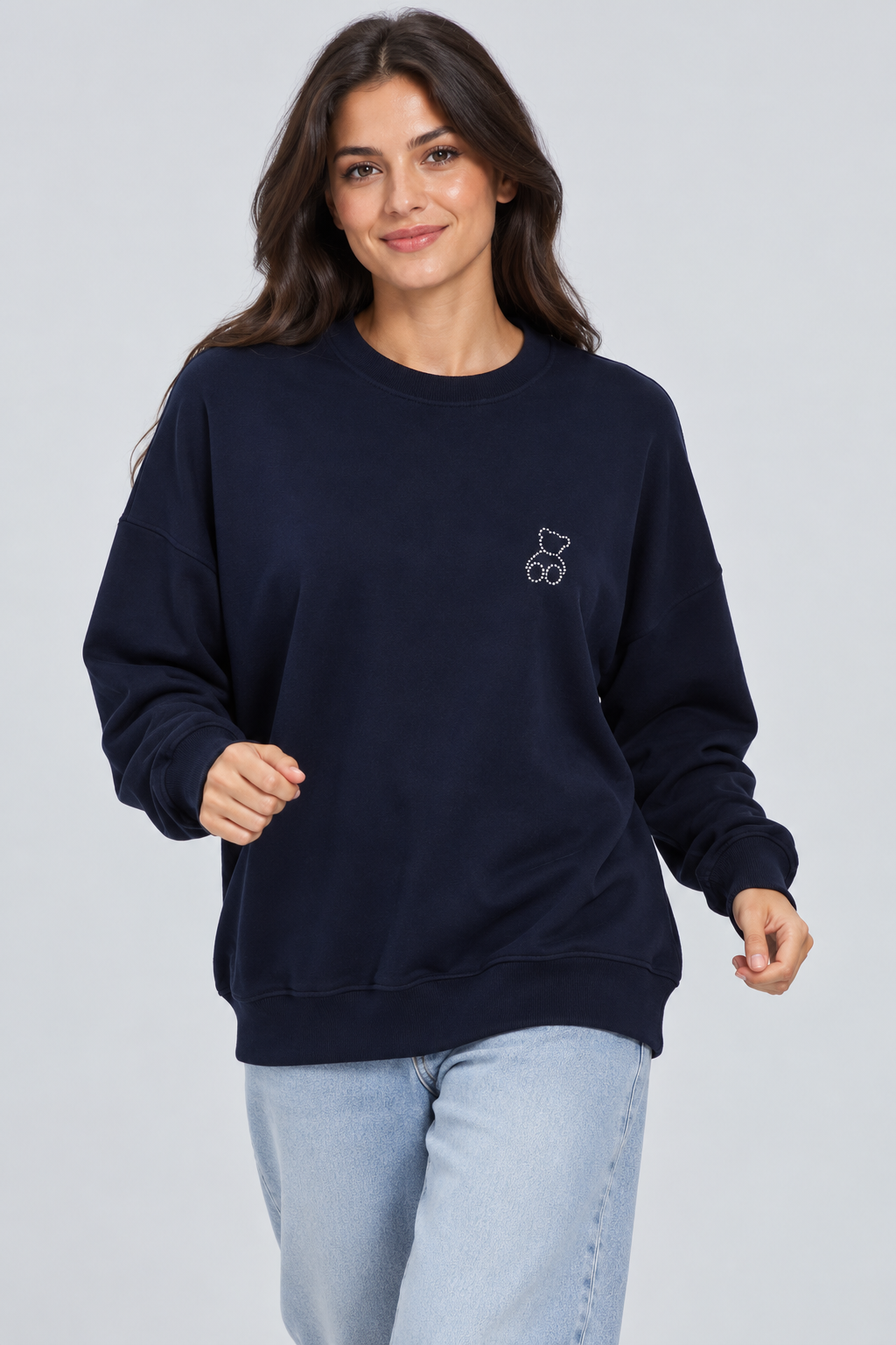 Abbra kadın %100 pamuk salaş sweatshirt lacivert - 4. görsel