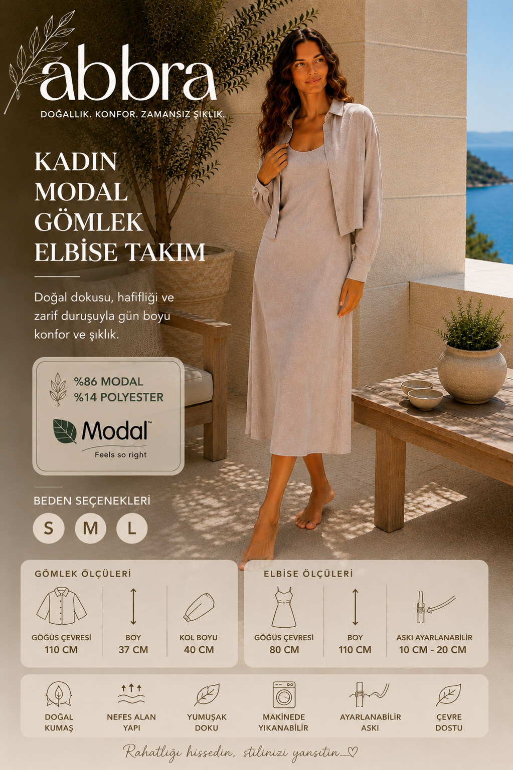 Abbra Kadın Modal Gömlek Elbise Takım