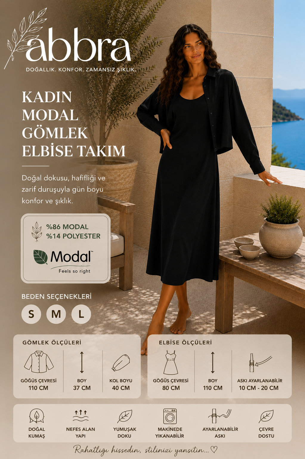 Abbra Kadın Modal Gömlek Elbise Takım